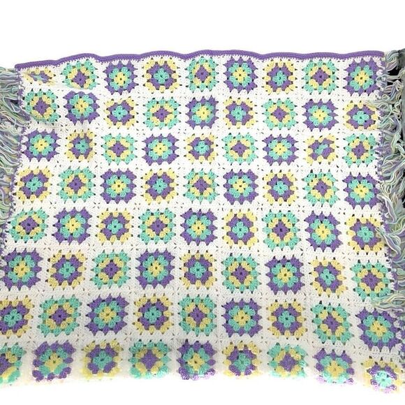 Handmade Vintage Crochet Knit Afghan Throw Blanket Pastel 47”x74” - Picture 2 of 7